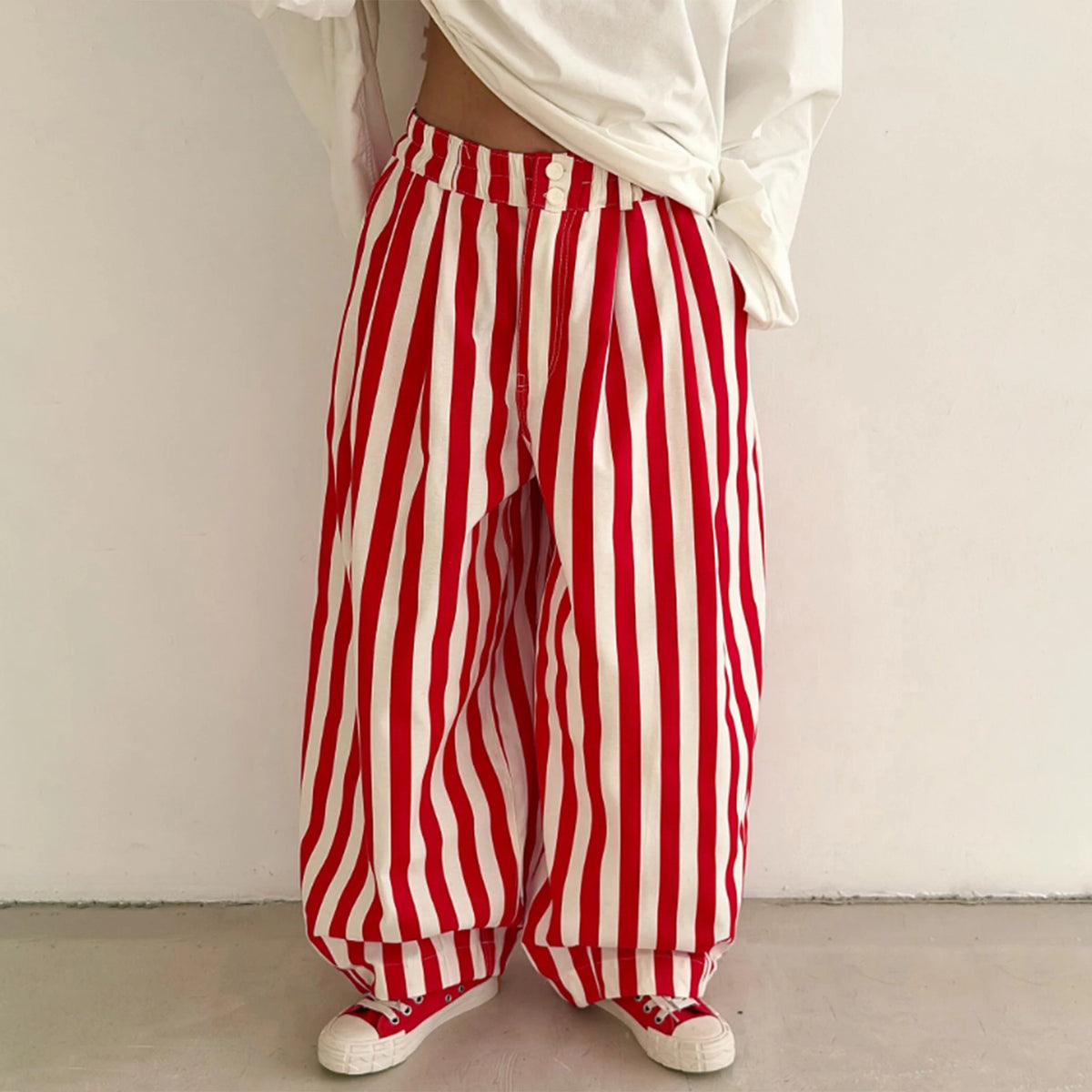 Women Vertical Striped Balloon Pants Elastic High Waist Double Button Loose Baggy Wide Leg Casual Trousers With Pockets