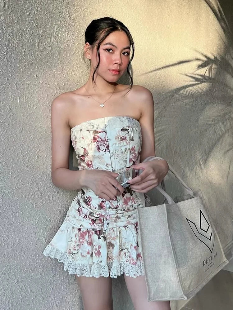 Flower Print 2-Piece Set Women Y2K Single-Breasted Metal Buckle Wrap Top+Lace Folds Hem Skirt Sweet Matching Suits