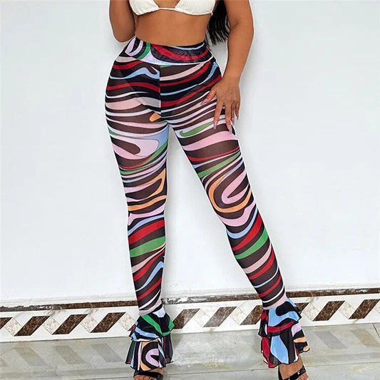 Striped Ruffles Women Pancil Pants Elastic Waist Skinny Sexy Summer Hipsters Street Clubwear Daily Basic Wild Bottoms