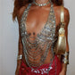 Sparkly Rhinestone Body Top Sexy Women Halter Deep V Multi Tassel Chain Harness Crystal Shimmer Rave Party Club Outfit
