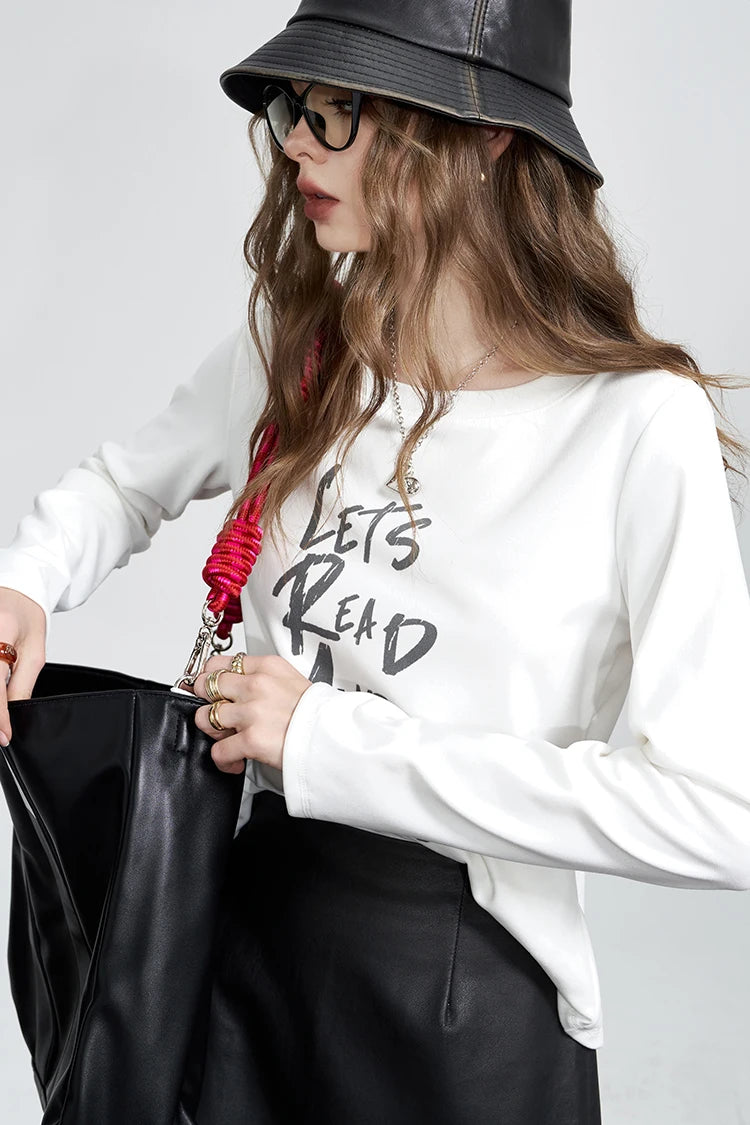 Women's Long Sleeve White T-Shirt with Letter Print, Casual Round Neck Graphic Tee for Everyday, Basic White Top