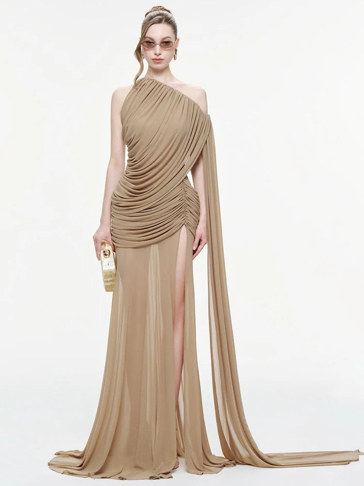Inclined Shoulder See Through Hem Maxi Dress Women Folds Long Tassel Sleeveless Elegant Vacation Prom Party Chic Vestidos