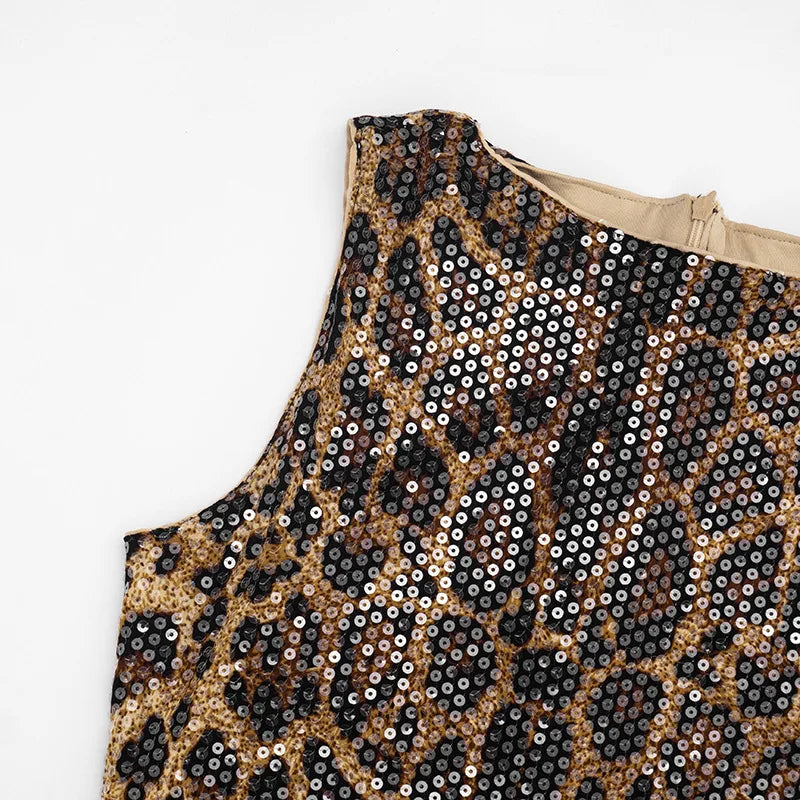 Leopard Print Sequins Glitter Dress Sleeveless Mini Bodycon Dresses for Woman Sexy Club Outfits