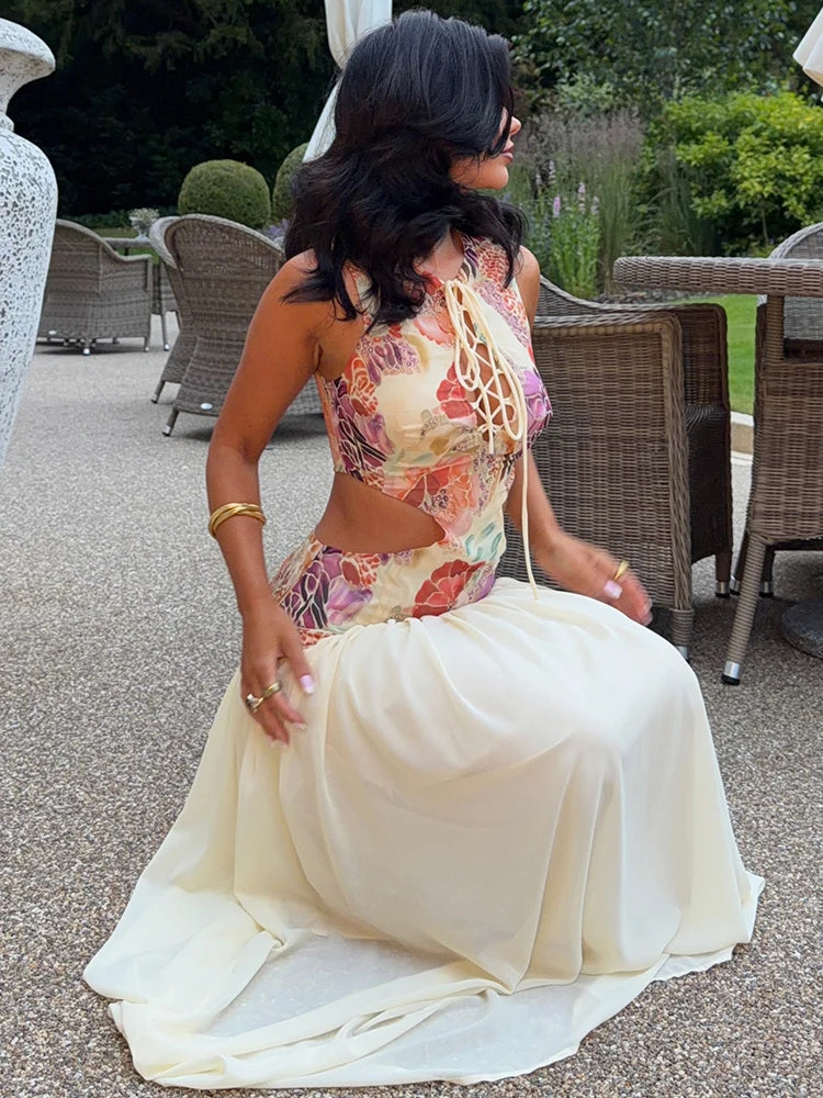 Women Floral Print Sleeveless Sexy Maxi Dress Front Lace Up Waist Cutout Long Dress Summer Vacation Beach Party Dresses