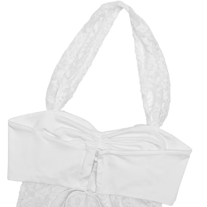 See Through Lace Patchwork White Pink Party Dress Woman Clothes Summer Backless Halter Draped Mini Dresses