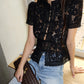 Women Y2K Vintage Lace Shirt Mandarin Collar Frog Button Puff Sleeve Floral Embroidery Cropped Blouse Elegant Casual Top