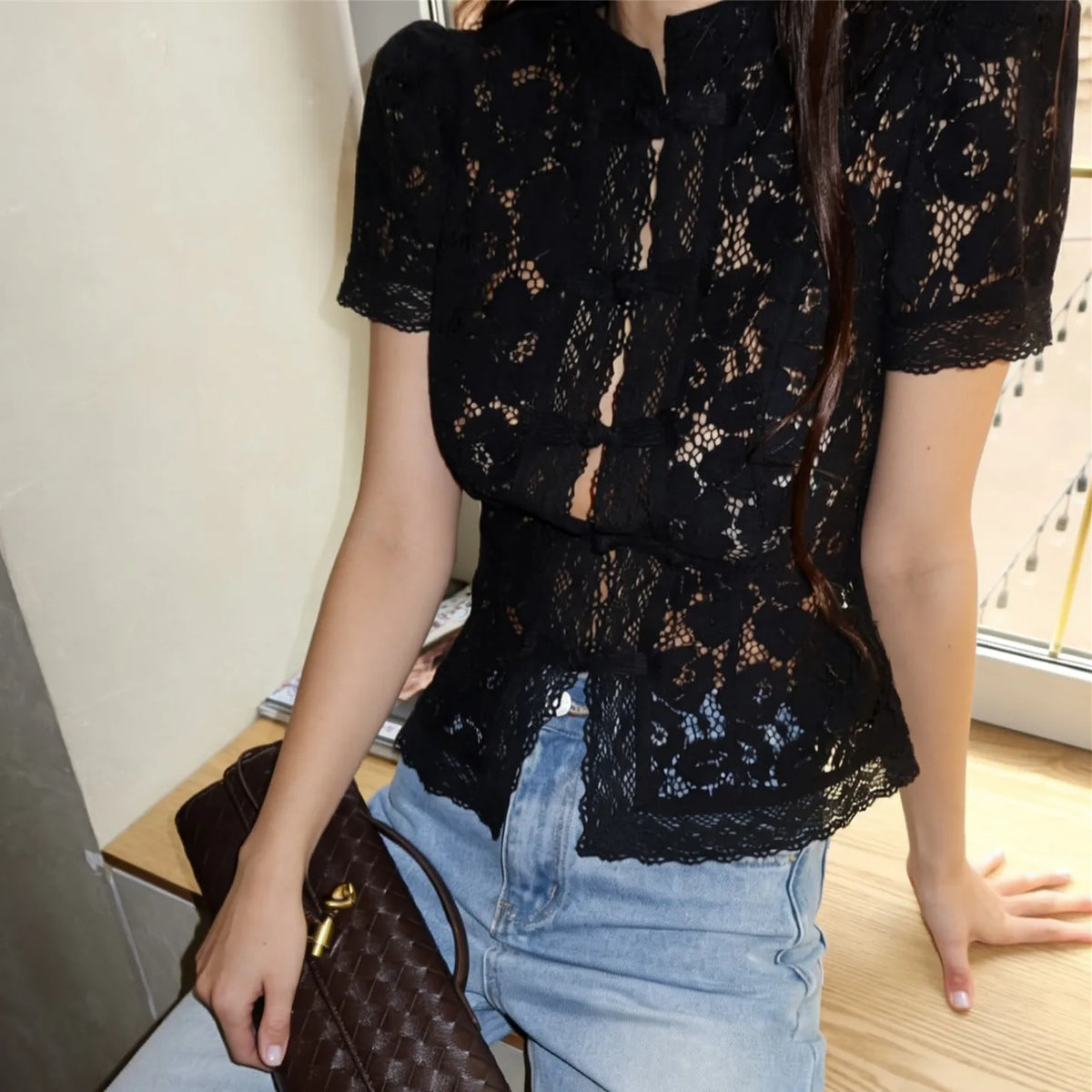 Women Y2K Vintage Lace Shirt Mandarin Collar Frog Button Puff Sleeve Floral Embroidery Cropped Blouse Elegant Casual Top