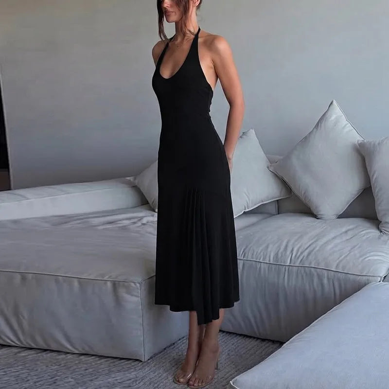Halter Neck A-line Long Dresses Sexy Elegant Black Dresses for Woman Clothing