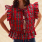 Christmas Party Red Tartan Quilted Vest Women Ruffle Flutter Sleeveless Back Tie Peplum Crop Gilet Holiday Waistcoat
