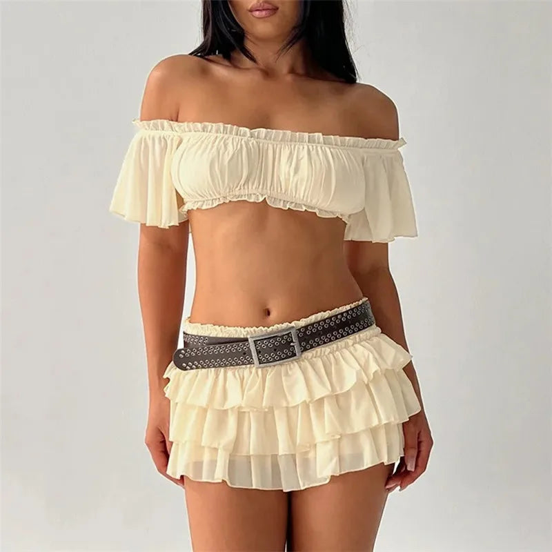Women's Y2K 2 Piece Set Ruffled Off the Shoulder Crop Top and Tiered Mini Skirt Casual Summer Outfit for Beach Vacation