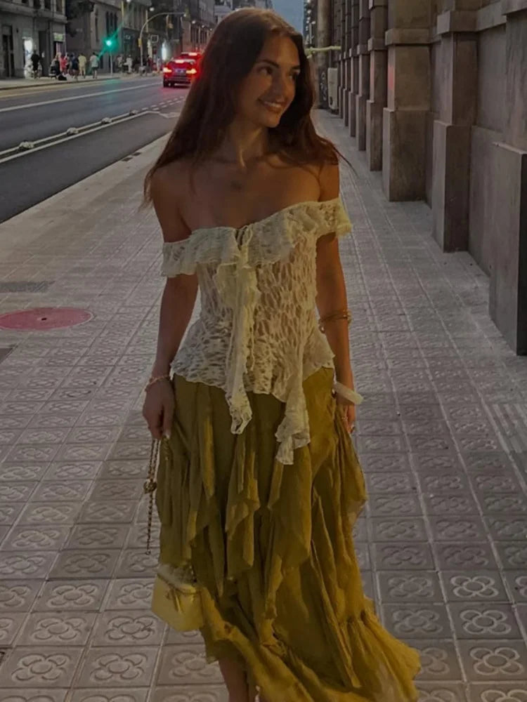 See Through Lace T Shirts Woman Sexy Irregular Ruffled Off The Shoulder Tops