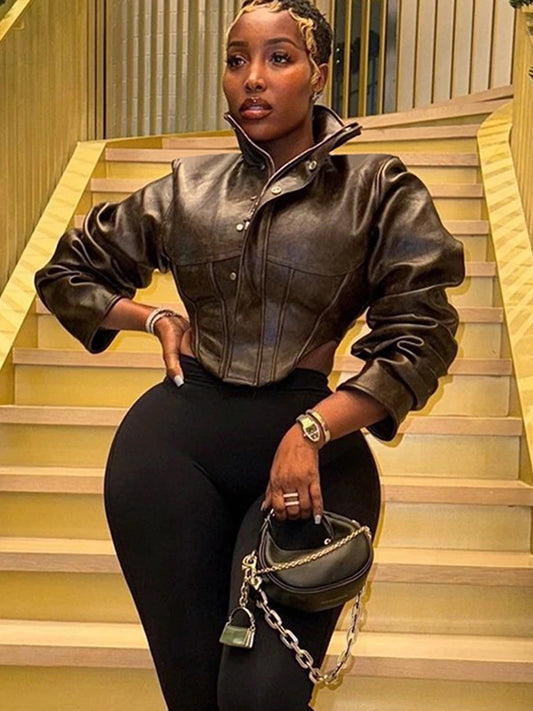 Pu Irregular Crop Jacket Women Turtleneck Zip Button Full Sleeve Wild Sexy Hottie Street Midnight Club Hipster Coat