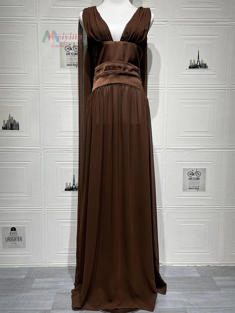 Deep V Neck Backless Sexy Maxi Dress Women Elegant Sleeveless Backless Bodycon Pleated Club Party Long Dress Female