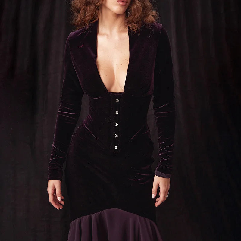 Purple Velvet Party Dress for Women 2023 Winter Elegant Sexy Deep V Neck Long Sleeve Ruffled Midi Dresses