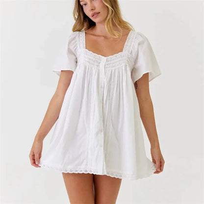 Square Neck Eyelet Lace Mini Dress Women Flutter Short Sleeve Front Button Pleated Loose Babydoll Summer Vacation Dress