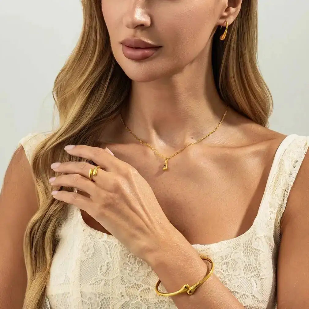 Vintage Minimalism Water Droplet Pendent Necklace Bracelets Earrings Rings Women Vintage Daily Metal Jewelry Set Gift