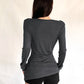 Button Decoration t-Shirt Women Square Collar Full Sleeve Folds Solid Leisure Classic Simple Comfortable Streetwear