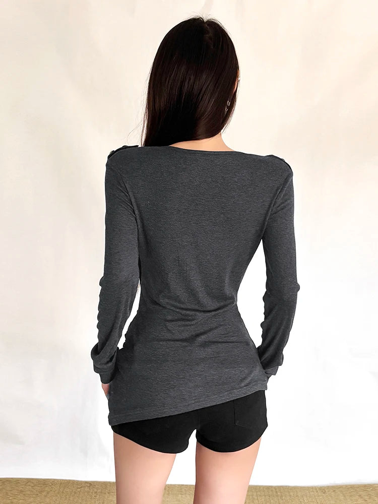 Button Decoration t-Shirt Women Square Collar Full Sleeve Folds Solid Leisure Classic Simple Comfortable Streetwear