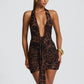 Leopard Mini Dress Sexy Club Outfits Deep V Halter Neck Draped Backless Bodycon Dresses Woman Clothing