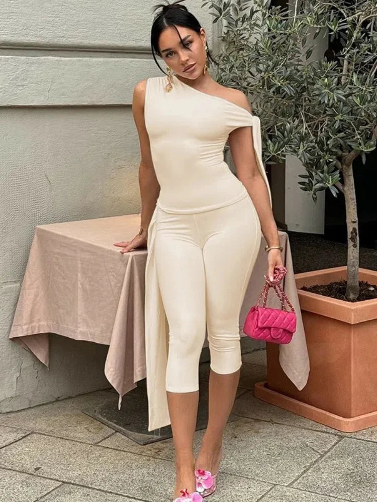 White 2 Piece Lace-up One Shoulder Top Knee Length Pant Coord Sets Women Clothing Elegant Summer Outfits