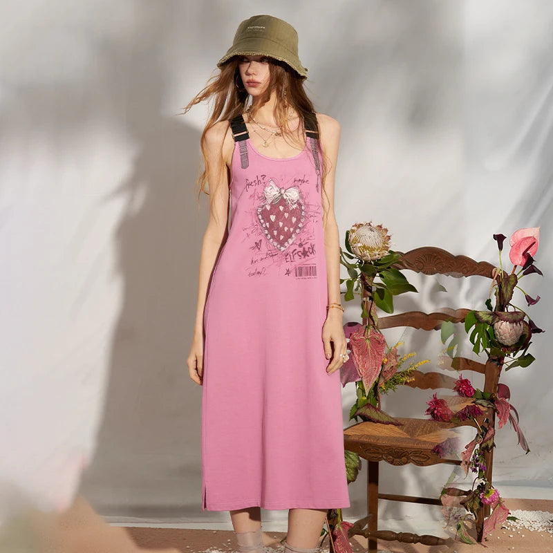 Strawberry Graffiti Print Punk Overall Dress, A-Line Sleeveless Streetwear Midi Dress, Y2K Sweet Grunge
