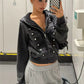 Womens Trendy Cropped Zip Hoodie Military Double Metal Buttons Design Hooded Long Sleeve Slim Short Jacket Street Top