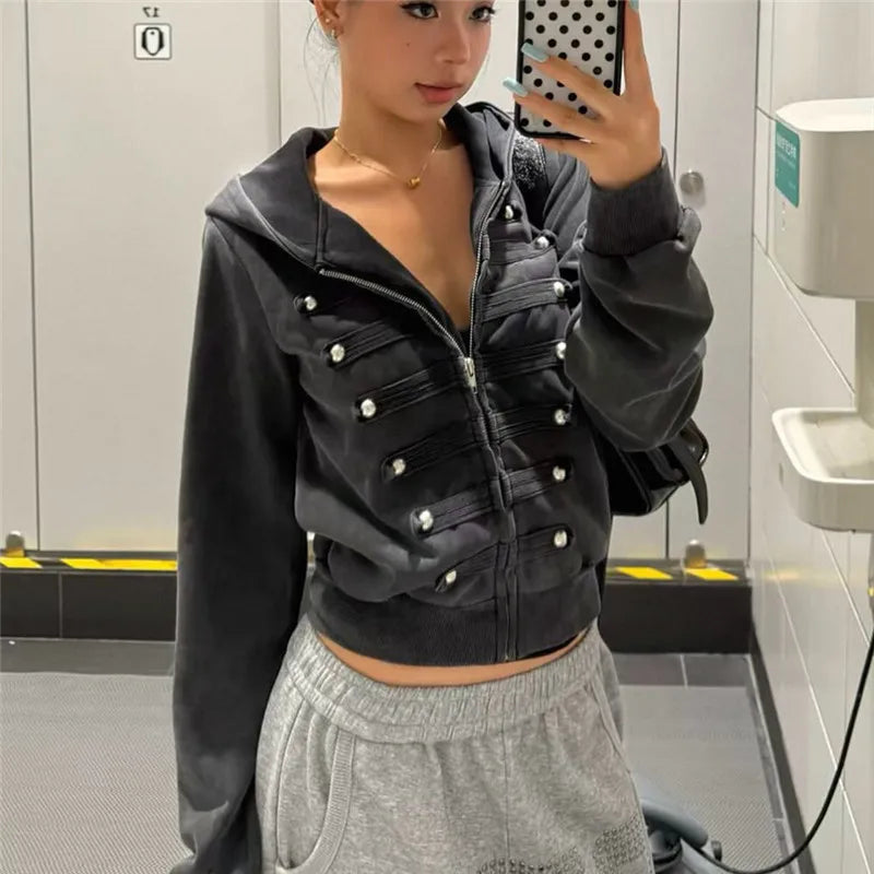 Womens Trendy Cropped Zip Hoodie Military Double Metal Buttons Design Hooded Long Sleeve Slim Short Jacket Street Top