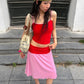 Color Blocking 2-Piece Set Women Low-Neck Skinny Camisole+Patchwork Elastic Waist Skirt Street Vacation Streetwear