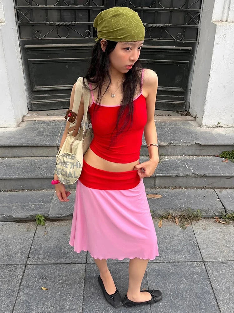 Color Blocking 2-Piece Set Women Low-Neck Skinny Camisole+Patchwork Elastic Waist Skirt Street Vacation Streetwear