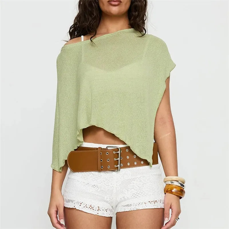 Women Knit Poncho Tops Summer Fashion Solid Color Off One Shoulder Loose Fit Asymmetric Cover Up Shawl Blouse