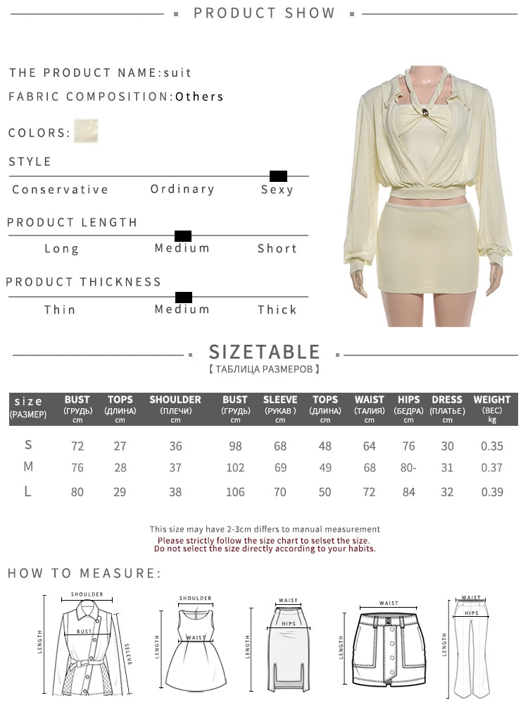 Autumn Sweet 3 Piece Set Women Deep V-Neck T-Shirt+Ruched Metal Buckle Patchwork Halter Tank Top+Skirts Sexy Streetwear