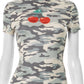 Camouflage Cherry Print T-Shirts Women Summer Trend o-Neck Short Sleeve Skinny Stretch Fashion Classic Streetwear