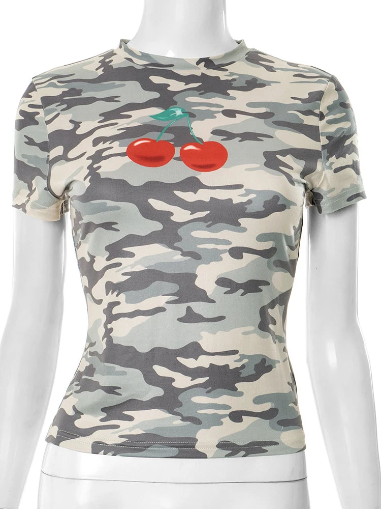 Camouflage Cherry Print T-Shirts Women Summer Trend o-Neck Short Sleeve Skinny Stretch Fashion Classic Streetwear