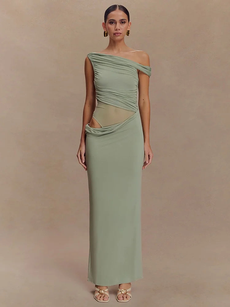 Mesh Spliced Cutout One Shoulder Split Long Dresses Green Black Elegant Party Dress Woman Clothing