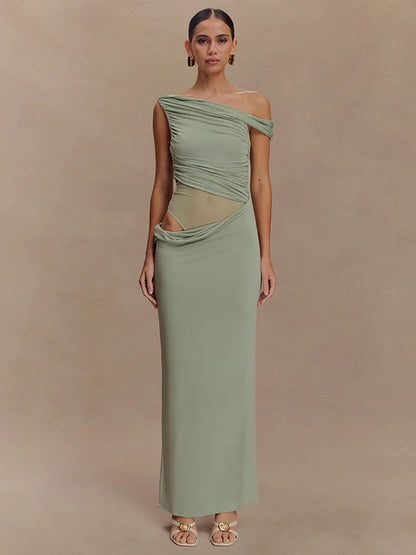 Mesh Spliced Cutout One Shoulder Split Long Dresses Green Black Elegant Party Dress Woman Clothing