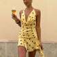 Backless Mesh Dress Women Sexy Polka Dot Print Swing Collar Halter Irregular Hem Fashion Vacation Party Club Bodycon