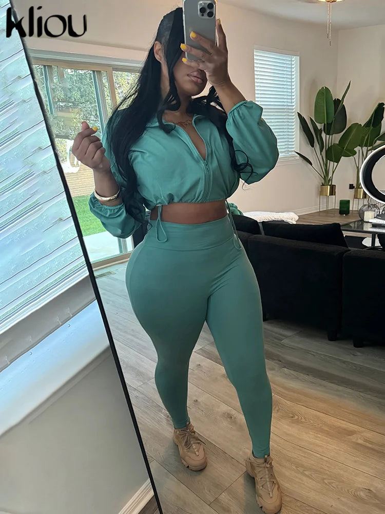 Basic Women 2 Piece Set Classic Solid Long Sleeve Drawstring Zip-up Coats+Slim Pants Female Autumn Casual Sporty Outfits