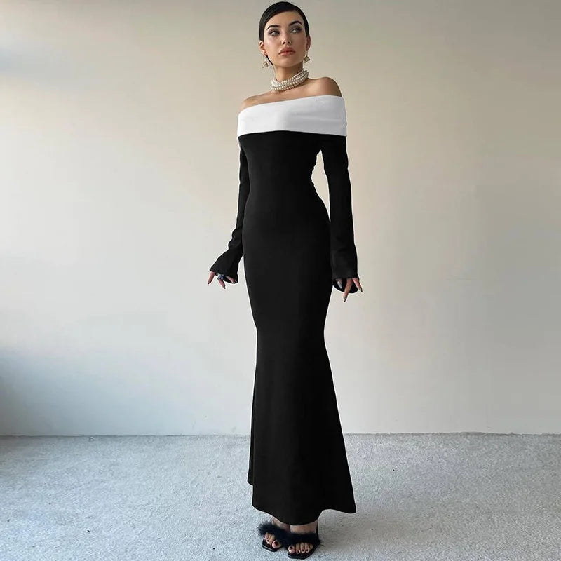 Black Off Shoulder Bodycon Long Dresses for Woman Winter Fashion Elegant Evening Dress Sexy Party Outfits