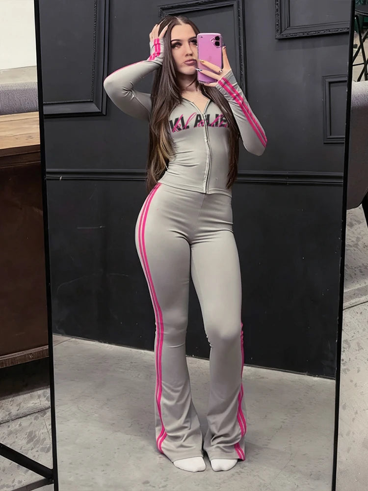 Sporty Stripes 2-Piece Set Women Zipper Letter Print Hooded Crop Tops+Pants Elasticity Fashion Autumn Casual Streetwear