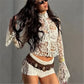 Women Y2K Sheer Lace Crop Top High Neck Floral Pattern Long Sleeve Flare Sleeve Zip Up See Through Casual Party Blouse