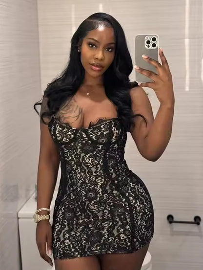 Jacquard Double Deck Dress Party Women Y2K Sexy Lace Spaghetti Strap Body-Shaping Nighclub Summer Trend Mini Bodycon