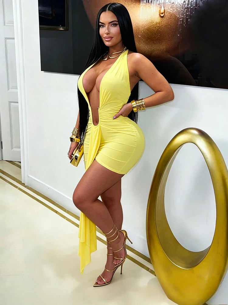 Tassel Classic Bandage Halter Dress Women u-Shaped Metal Ring Deep v-Neck Backless Sleeveless Folds Sexy Midnight Bodycon
