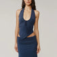 Women Navy Blue Halter Neck Two Piece Outfit Ruched Drawstring Asymmetrical Top And Mini Skirt Set Female Dress Set