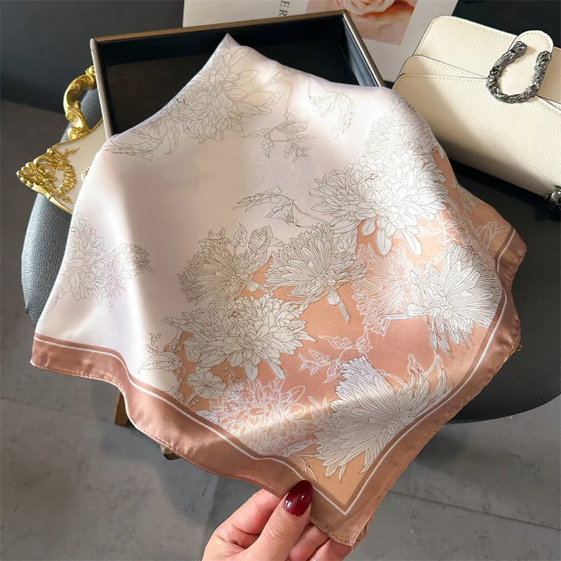 Luxury Floral Print 70cm Square Silk Scarf Women Designer Scarves Bandana Foulard Shawl Hijab Echarpe Hairband Tie Ribbon