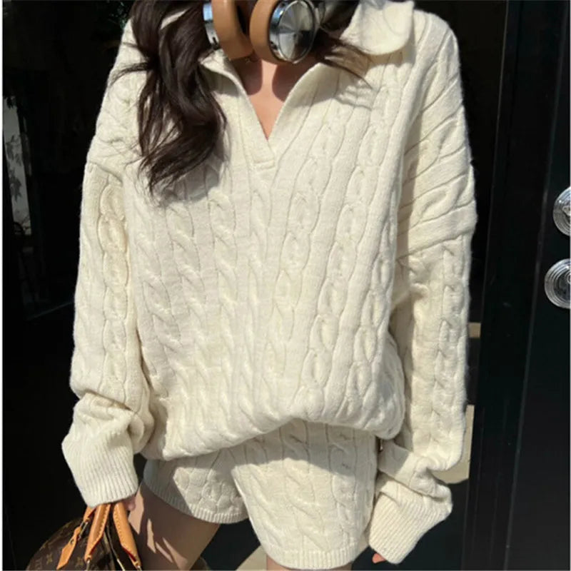 Women Cable Knit 2 Piece Set Oversized V Neck Long Sleeve Sweater + Shorts Casual Fall Winter Loungewear Matching Outfit
