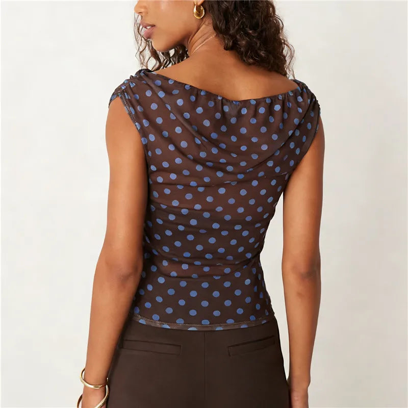 Summer Ladies Sheer Polka Dot Mesh Top Asymmetric Off Shoulder Ruched Sleeveless Blouse Casual Daily Summer Streetwear