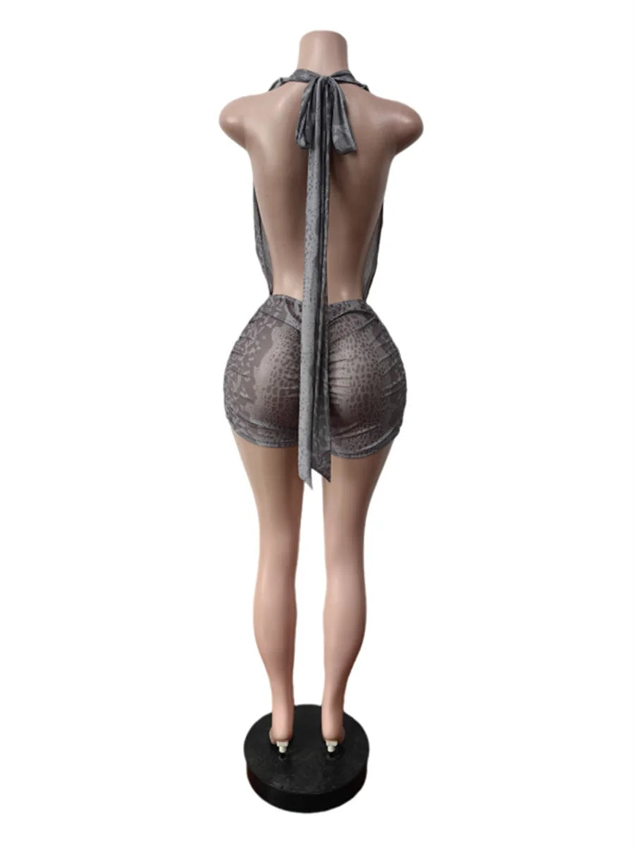 Leopard Print Halter Mesh Romper Women Trend Wild Backless Bandages Deep V-Neck Ruched Patchwork Chic Party Clubwear