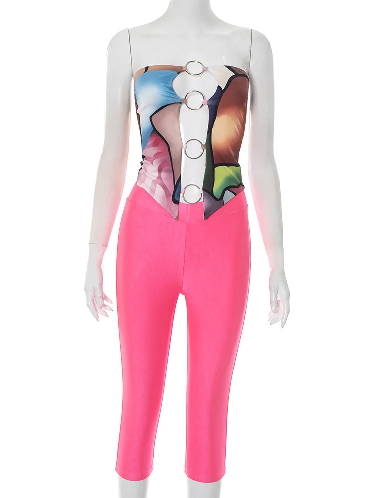 Sexy Fashion 2 Piece Set Women Metal Rings Patchwork Hollow Print Tube Tops+Skinny Pants Hottie Midnight Hipster Suit