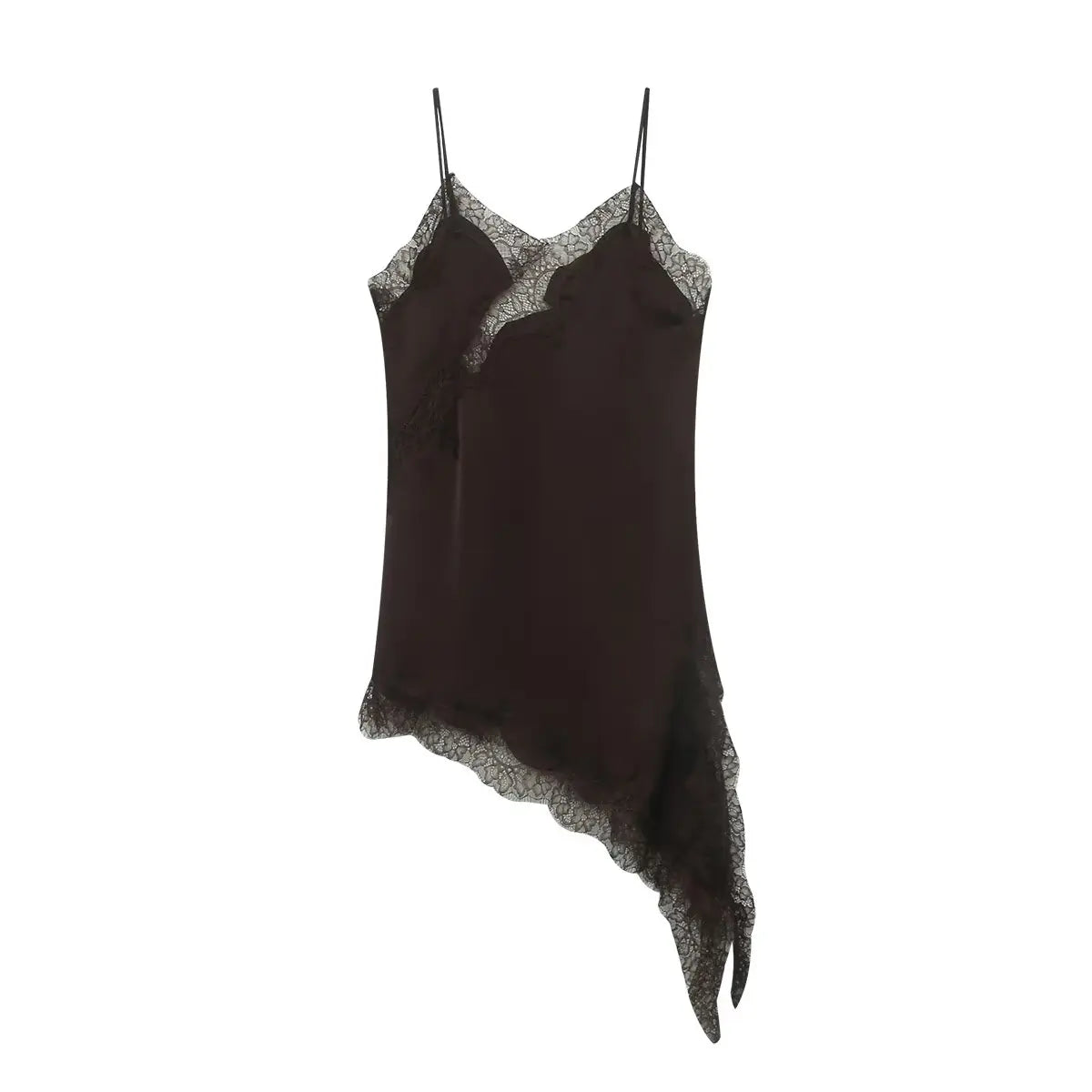 Women Y2K Lace Trim Satin High Low Tops Silk Spaghetti Strap Side Split Asymmetrical Cami Top Flowy Silky Layering Tops