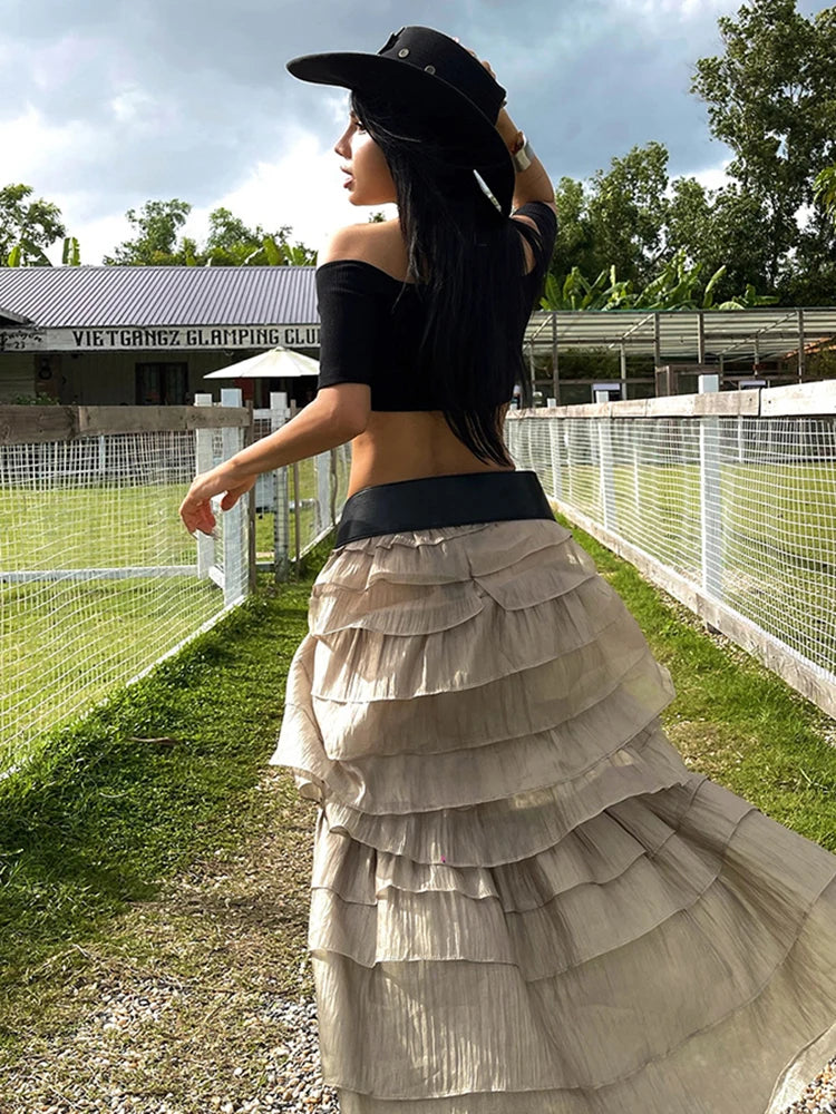 Y2K Tierred Skirts Women Split Patchwork Skinny Hottie Sexy Midnight Music Festival Street Trend Chic Long Bottoms